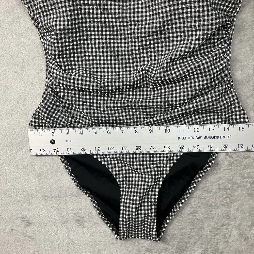 J Crew Nia Gingham Ruched Squareneck One-Piece Swimsuit Womens 10 Black & White
